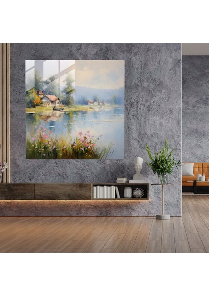 Sakin Göl Kenarı Köyü - Cam Baskı - Köy, Modern Sanat, Duvar Dekorasyonu, Cam Baskı, 30X30 fiyatları