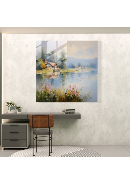 Sakin Göl Kenarı Köyü - Cam Baskı - Köy, Modern Sanat, Duvar Dekorasyonu, Cam Baskı, 30X30 modelleri