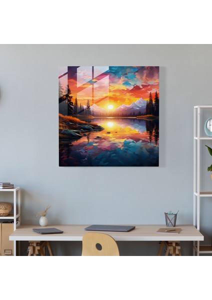 Reflective Horizons Cam Baskı - Gündoğumu, Dijital Peyzaj Sanatı, Cam Duvar Sanatı, Huzur, 70X70 fiyatları