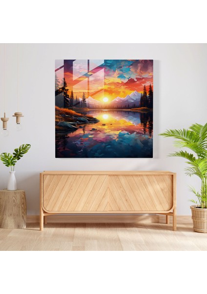 Reflective Horizons Cam Baskı - Gündoğumu, Dijital Peyzaj Sanatı, Cam Duvar Sanatı, Huzur, 70X70 modelleri