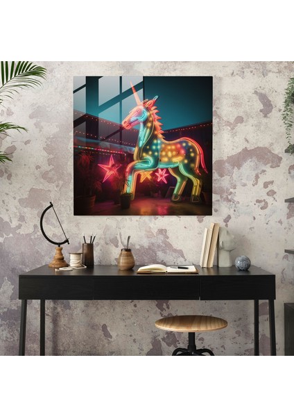 Neon Cam Sanatı - Retro Unicorn Tabela - Tek Boynuzlu At, Nostaljik Cazibe, Duvar Süslemesi, Cam Duvar Sanatı, 30X30