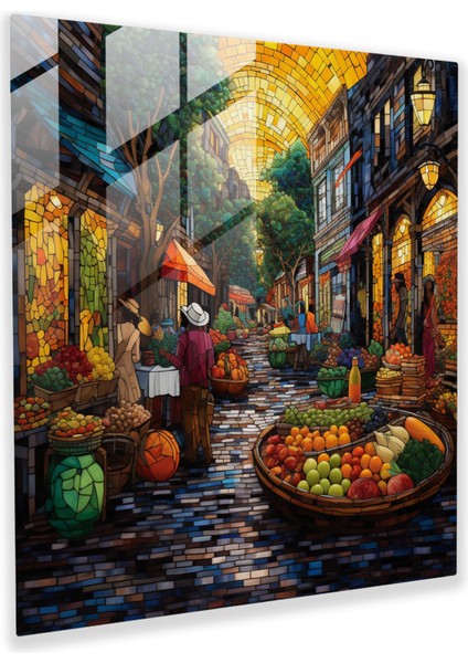 Canlı Köy Pazarı Cam Baskı - Köy, Market, Ev Dekorasyonu, Cam Sanatı, 30X30
