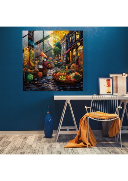 Canlı Köy Pazarı Cam Baskı - Köy, Market, Ev Dekorasyonu, Cam Sanatı, 30X30 fiyatları