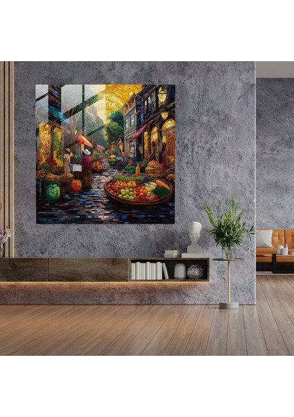 Canlı Köy Pazarı Cam Baskı - Köy, Market, Ev Dekorasyonu, Cam Sanatı, 30X30 modelleri