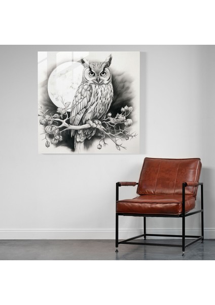 Yaban Hayatı Cam Baskı - Ay Işığında Tünemiş Bilge Baykuş - Yaban Hayatı, Cam Duvar Sanatı, Ev Dekorasyonu, Duvar Dekorasyonu, 30X30