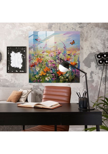 Yaban Hayatı Cam Duvar Sanatı - Kelebeklerle Açan Kır Çiçekleri - Yaban Hayatı, Cam Duvar Sanatı, Kır Çiçekleri, Kelebekler, 30X30