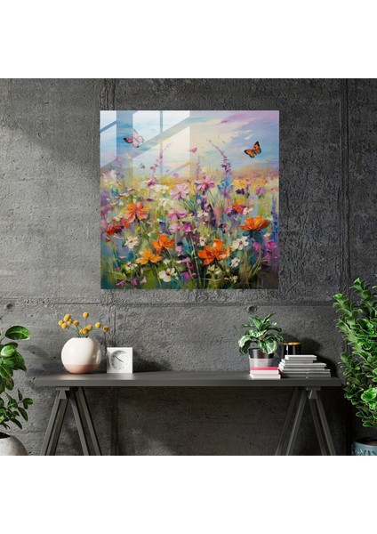 Yaban Hayatı Cam Duvar Sanatı - Kelebeklerle Açan Kır Çiçekleri - Yaban Hayatı, Cam Duvar Sanatı, Kır Çiçekleri, Kelebekler, 30X30