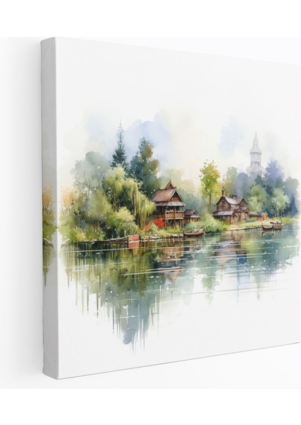 Sakin Göl Köyü Kanvas Tablo - Köy, Duvar Sanatı, Huzur, Kanvas Tablo, 30X30