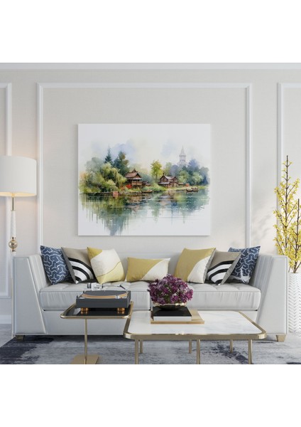 Sakin Göl Köyü Kanvas Tablo - Köy, Duvar Sanatı, Huzur, Kanvas Tablo, 30X30
