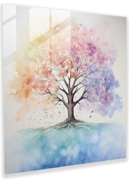 Huzurlu Hayat Ağacı Cam Baskı - Hayat Ağacı, Huzur, Hayat Ağacı, Suluboya Tablo, 30X30