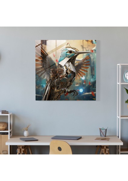 Yaban Hayatı Cam Duvar Sanatı - Fütüristik Ortamda Robotik Sinek Kuşu - Yaban Hayatı, Cam Duvar Sanatı, Ev Dekorasyonu, Cam Baskı, 30X30
