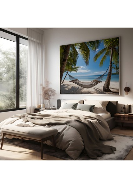 Tropikal Hamak Kanvas Tablo - Tropikal, Palmiye Ağaçları, Hamak, Nazik Dalgalar, 30X30 modelleri