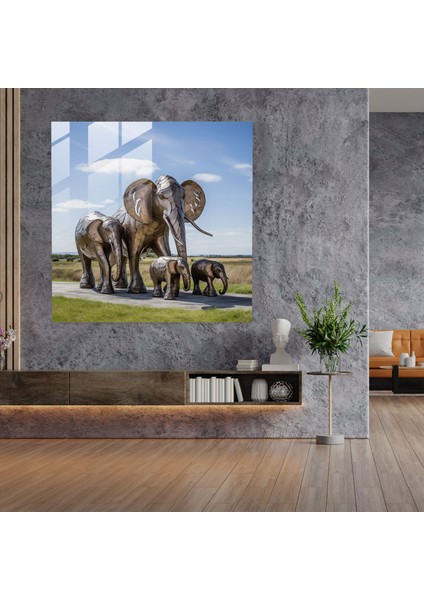 Yaban Hayatı Cam Duvar Sanatı - Fil Ailesi - Yaban Hayatı, Çağdaş Heykel, Cam Duvar Sanatı, Modern Sanat, 30X30 fiyatları