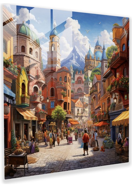Canlı Köy Meydanı Cam Baskı - Köy, Canlı, Ev Dekorasyonu, Cam Duvar Tablosu, 30X30