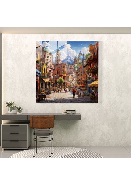 Canlı Köy Meydanı Cam Baskı - Köy, Canlı, Ev Dekorasyonu, Cam Duvar Tablosu, 30X30