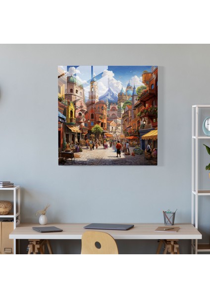 Canlı Köy Meydanı Cam Baskı - Köy, Canlı, Ev Dekorasyonu, Cam Duvar Tablosu, 30X30