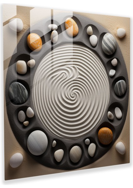 Zen Kaya Bahçesi Cam Baskı - Zen, Kum Üzerine Tırmıklanmış Desenler, Cam Duvar Sanatı, Tefekkür, 30X30