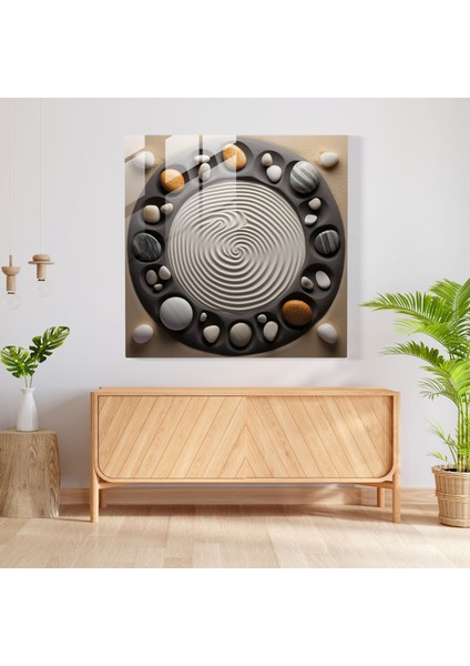 Zen Kaya Bahçesi Cam Baskı - Zen, Kum Üzerine Tırmıklanmış Desenler, Cam Duvar Sanatı, Tefekkür, 30X30 modelleri