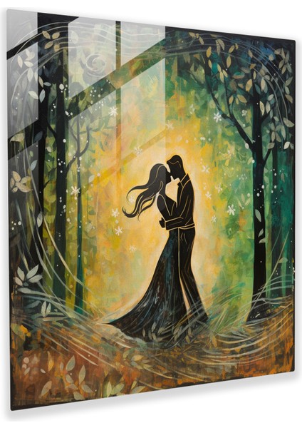 Kaprisli Aşıklar Cam Baskı - Romantik, Romantik, Cam Sanatı, Büyülü Orman, 30X30