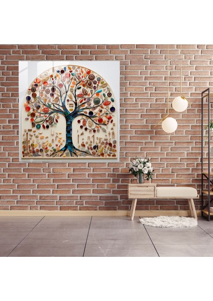 Kolaj Hayat Ağacı Cam Baskı - Hayat Ağacı, Modern Sanat, Ev Dekorasyonu, Hayat Ağacı, 30X30