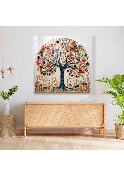 Kolaj Hayat Ağacı Cam Baskı - Hayat Ağacı, Modern Sanat, Ev Dekorasyonu, Hayat Ağacı, 30X30