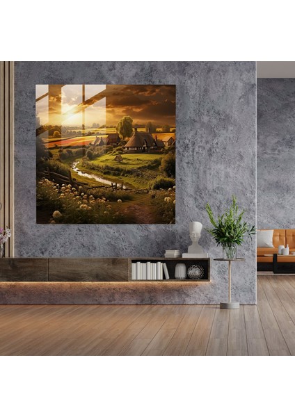 Altın Kırsal Köy Cam Baskı - Köy, Yemyeşil Kırsal, Fotoğraf, Cam Sanatı, 50X50 modelleri