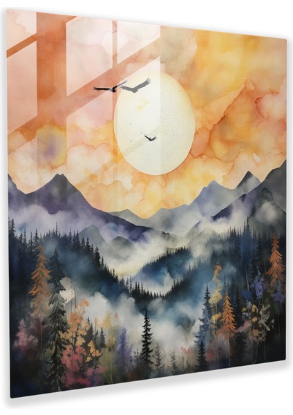 Misty Mountain Gündoğumu Cam Baskı - Gündoğumu, Gündoğumu, Duvar Süslemesi, Cam Duvar Tablosu, 30X30