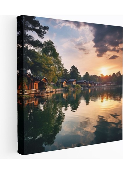 Gün Batımı Göl Kenarı Köyü Fotoğrafçılığı Kanvas Tablo - Köy, Kanvas Tablo, Göl Kenarı Köyü, Kanvas Tablo, 30X30