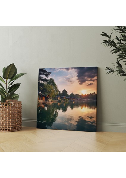 Gün Batımı Göl Kenarı Köyü Fotoğrafçılığı Kanvas Tablo - Köy, Kanvas Tablo, Göl Kenarı Köyü, Kanvas Tablo, 30X30 modelleri