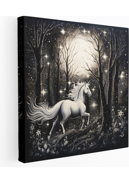 Tek Boynuzlu At Duvar Sanatı - Ev Dekorasyonu Için Tuhaf Mürekkep Çizimi - Tek Boynuzlu At, Kanvas Tablo, Kanvas Tablo, Mürekkep Çizimi, 50X50