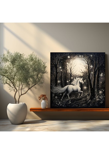Tek Boynuzlu At Duvar Sanatı - Ev Dekorasyonu Için Tuhaf Mürekkep Çizimi - Tek Boynuzlu At, Kanvas Tablo, Kanvas Tablo, Mürekkep Çizimi, 50X50 fiyatları