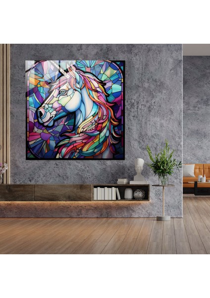 Parıltılı Tek Boynuzlu Cam Baskı - Tek Boynuzlu At, Tek Boynuzlu At, Vitray, Modern Sanat, 30X30 modelleri