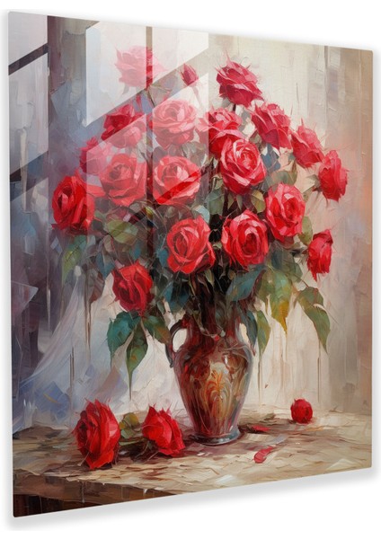 Romantik Güller Cam Baskı - Romantik, Empresyonist Yağlıboya Tablo, Kırmızı Güller, Duvar Süslemesi, 30X30