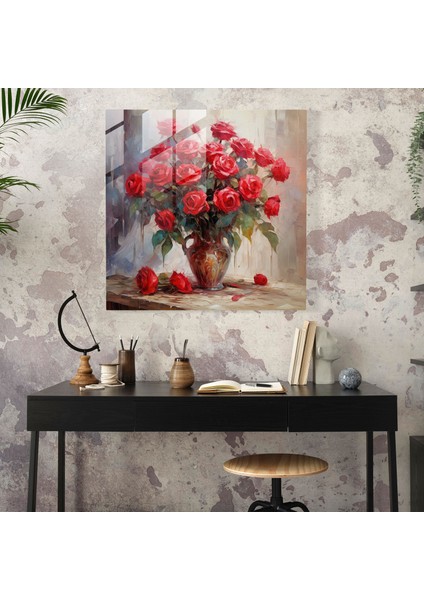Romantik Güller Cam Baskı - Romantik, Empresyonist Yağlıboya Tablo, Kırmızı Güller, Duvar Süslemesi, 30X30
