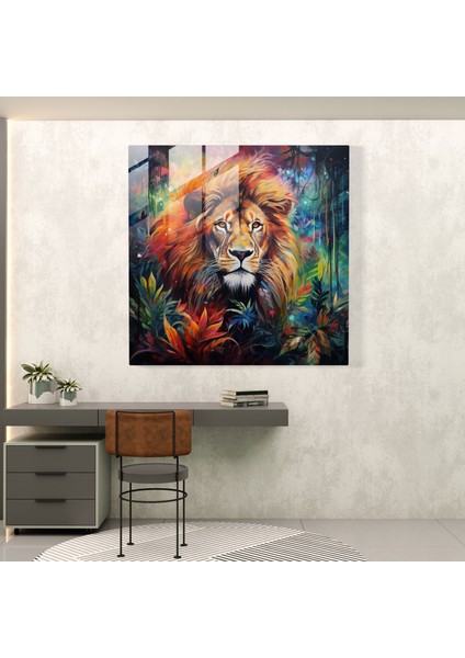 Yaban Hayatı Cam Baskı - Renkli Ormanda Görkemli Aslan - Yaban Hayatı, Modern Sanat, Duvar Dekorasyonu, Ev Dekorasyonu, 30X30 fiyatları