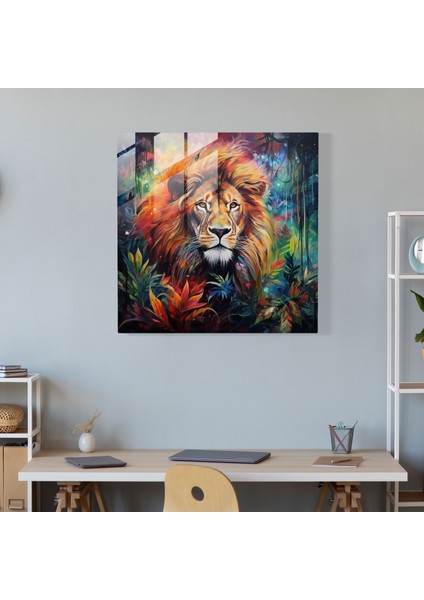 Yaban Hayatı Cam Baskı - Renkli Ormanda Görkemli Aslan - Yaban Hayatı, Modern Sanat, Duvar Dekorasyonu, Ev Dekorasyonu, 30X30 modelleri