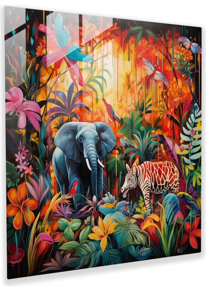 Yaban Hayatı Cam Baskı - Renkli Soyut Orman - Yaban Hayatı, Duvar Dekorasyonu, Cam Duvar Sanatı, Orman, 30X30