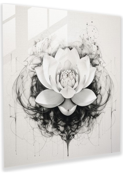 Zen Lotus Cam Baskı - Zen, Cam Sanatı, Monokromatik Mürekkep Çizimi, Duvar Süslemesi, 30X30