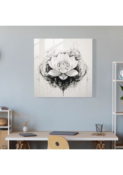 Zen Lotus Cam Baskı - Zen, Cam Sanatı, Monokromatik Mürekkep Çizimi, Duvar Süslemesi, 30X30 fiyatları
