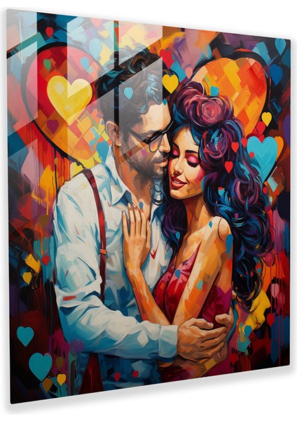 Renkli Kalpler Cam Baskı - Romantik, Anlamlı Kalpler, Cam Duvar Sanatı, Çift Portresi, 30X30
