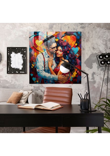 Renkli Kalpler Cam Baskı - Romantik, Anlamlı Kalpler, Cam Duvar Sanatı, Çift Portresi, 30X30