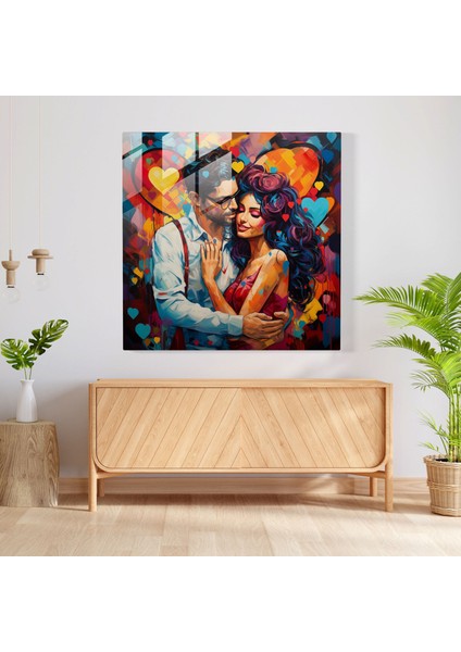 Renkli Kalpler Cam Baskı - Romantik, Anlamlı Kalpler, Cam Duvar Sanatı, Çift Portresi, 30X30