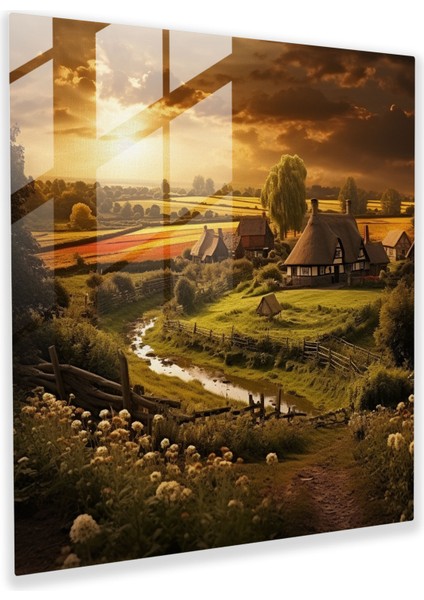 Altın Kırsal Köy Cam Baskı - Köy, Yemyeşil Kırsal, Fotoğraf, Cam Sanatı, 30X30