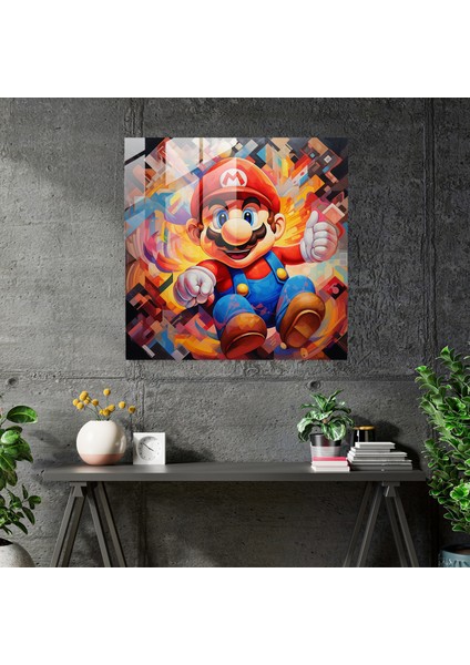 Ilgi Çekici Cam Baskı - Kübist Süper Mario'nun Mantar Krallığı Cam Duvar Sanatı, 30X30
