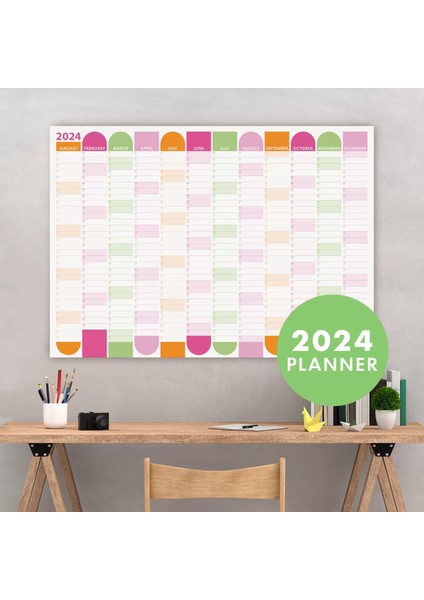 2025 Yıllık Planlayıcı Duvar Takvimi Turuncu Pembe Yeşil Şekiller Aylık Planlayıcı Boyut 35 x 50 cm