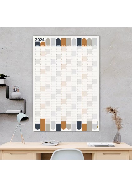 2025 Yıllık Planlayıcı Duvar Takvimi Antrasit Gri Camel Bej Gri Renkler Aylık Planlayıcı Boyut 50 x 70 cm