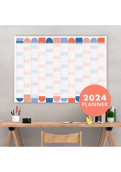 2025 Yıllık Planlayıcı Duvar Takvimi Okyanus Mavisi Somon Rengi Aylık Planlayıcı Boyut 35 x 50 cm