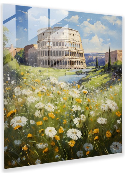 Serene Senfoni Cam Baskı - Empresyonist Yağlıboya Roma Colosseum Kır Çiçeği Duvar Dekorasyonu, 30X30