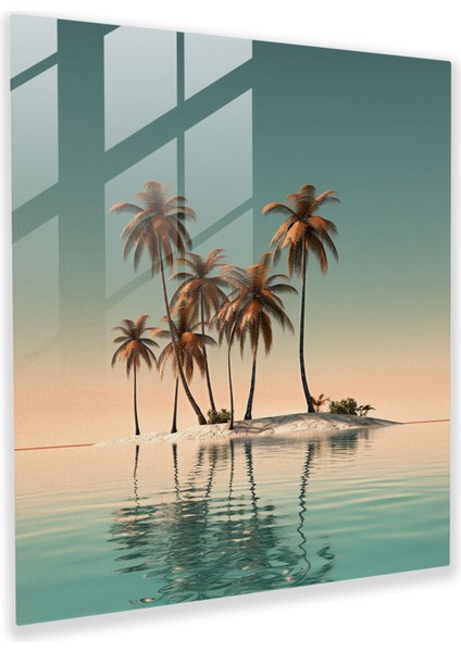 Tropikal Cam Baskı - Kumsalda Minimalist Palmiye Ağaçları Modern Sanat Eseri, 30X30