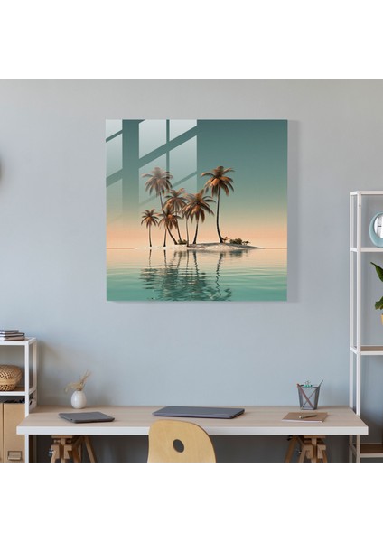 Tropikal Cam Baskı - Kumsalda Minimalist Palmiye Ağaçları Modern Sanat Eseri, 30X30 fiyatları